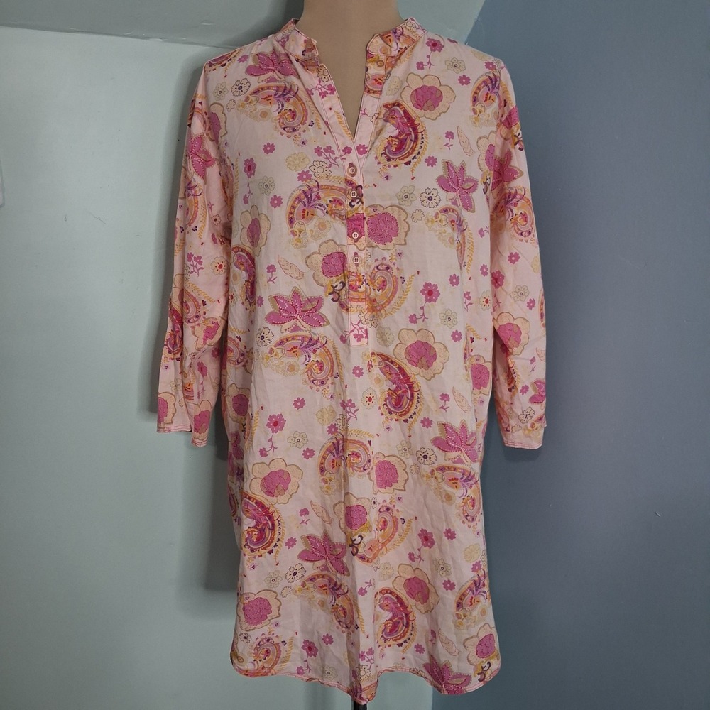 Josie Natori Pink Paisley Floral Sleep Shirt Tunic Top‎ 3/4 Sleeve Cotton Blend